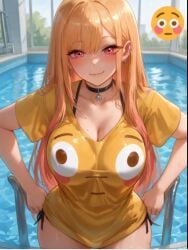 1girls ai_generated blonde_hair emoji emoji_shirt female female_only hips kitagawa_marin long_hair looking_at_viewer pool pulling_pants_up solo_female sono_bisque_doll_wa_koi_wo_suru