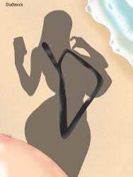 beach big_ass big_breasts big_thighs bikini black_bikini black_sling_bikini bleach breasts breasts_bigger_than_head dressed_shadow_(meme) dudaxxx female huge_breasts inoue_orihime instagram long_hair long_hair_female piercing piercing_nipples red_hair shadow sling_bikini slingshot_swimsuit smartphone
