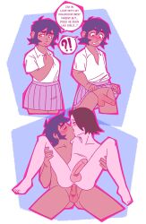 1girls 2025 2boys ?! anal anal_penetration anal_sex balls black_hair cherishedlemon childhood_friend dark_skin english_text female female_to_male full_nelson full_nelson_(legs_held) gay gender_transformation kissing male original original_character penis purple_hair short_hair skirt speech_bubble testicles wholesome yaoi