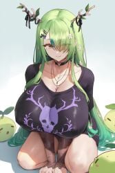 ai_generated antlers ceres_fauna ceres_fauna_(goth_costume) covered_nipples female green_hair hololive hololive_english huge_breasts long_hair saplings_(ceres_fauna) sitting smile thighs virtual_youtuber