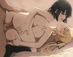 1boy 2girls anal anus asou_(asabu202) ass ass_grab balls bangs bed bed_sheet bisexual black_hair black_legwear black_ribbon black_socks blonde_hair blush bodily_fluids breasts closed_eyes clothing completely_nude female ffm_threesome footwear groping group group_sex hair_ornament hair_ribbon indoors katou_megumi kissing kneehighs legwear long_hair lying male male_pubic_hair medium_breasts multiple_girls nipples nude on_back on_bed open_mouth penis pillow ponytail pubic_hair ribbon saenai_heroine_no_sodatekata saliva sawamura_spencer_eriri sex short_hair small_breasts socks spread_legs straight sweat taken_from_behind testicles threesome tied_hair tongue twintails uncensored vagina vaginal_penetration
