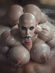1ambiguous 1girls ai_generated ambiguous_gender ass bald black_sclera blowjob breasts claws eyeshadow faceless_ambiguous fellatio green_eyes green_lipstick grey-skinned_female huge_ass huge_penis lactation large_breasts light-skinned_penis lipstick looking_at_viewer monster_girl oc oiled oiled_body oiled_skin oral oral_penetration oral_sex original_character paizuri penis pierced_ears piercing pov ruins titfuck titjob