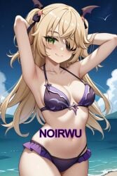 ai_generated areolae armpits arms_behind_back bikini blonde_hair eyepatch female fischl_(genshin_impact) genshin_impact green_eyes hair_ornament happy highres long_hair medium_breasts noirwu ocean ornament purple_bikini smile twintails