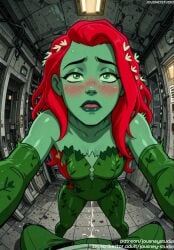 1boy ai_generated bare_shoulders blush breasts bulge clothing colored_skin cum dc dc_comics elbow_gloves english_language english_text erection erection_under_clothes female female_only gloves goblin green_eyes green_gloves green_lips green_skin harley_quinn_(series) heart indoors jousneystudio leaf long_hair looking_at_viewer looking_up male nipples pamela_isley poison_ivy poison_ivy_(harley_quinn) pussy_juice red_hair small_breasts solo solo_focus straight sweat text trembling