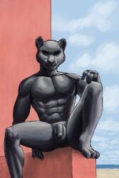 2:3 abs absurd_res anthro balls black_body felid feline furry genitals green_eyes hi_res male mammal muscular pantherine penis sam_wildkatt solo strykersart