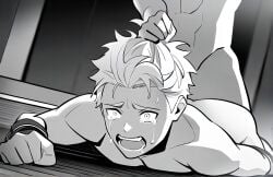 abuse ai_generated ass ass_focus asshole ball bondage bound boy dick gay legs male male_only man restrained_arms restraints spread yaoi