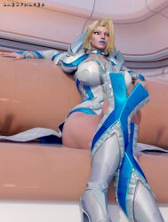 3d alexfrazer blonde_female blonde_hair blue_lipstick bob_cut crossed_legs emma_frost emma_frost_(marvel_rivals) light-skinned_female light_skin lipstick marvel marvel_rivals sfw sitting solo_female thick_thighs