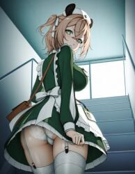 ai_generated animal_ears ass blush brown_hair female green_dress indie_virtual_youtuber large_breasts looking_back nimi_nightmare nurse_cap panties pout tapir_ears tapir_girl virtual_youtuber