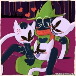 3_heads absurd_res anthro ball_lick balls blush bodily_fluids bovid canid canid_demon canine caprine cerberus clothed clothing clover_(deltarune) darkner deltarune demon digital_media_(artwork) dominant dominant_female duo english_text erection european_mythology eyewear fellatio female fur genital_fluids genitals goat greek_mythology group group_sex hair hellhound hi_res licking male male/female mammal multi_eye multi_head mythological_canine mythological_creature mythology notsafeforwanking oral penetration penile penis ralsei sex simple_background text threesome tongue undertale_(series)