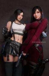 2girls 3d ada_wong ada_wong_(adriana) ada_wong_(cosplay) artist_name asian asian_female black_hair clothed clothed_female costume_swap crossover crossover_cosplay female_only final_fantasy final_fantasy_vii_remake fit_female gun looking_at_viewer outfit_swap pinup posing resident_evil resident_evil_4_remake ria-neearts tagme tifa_lockhart tifa_lockhart_(cosplay) tight_clothing