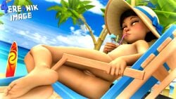 3d_(artwork) 4ere4nik beach black_hair drinking looking_at_viewer olivia_mann orange_eyes outdoors public public_nudity pussy seductive_look solo_female sunhat team_fortress_2 young