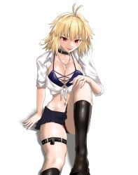 1girls ahoge alternate_costume arcueid_brunestud blonde_hair blue_notuki blush boots bra breasts choker cleavage female gyaru highres jewelry midriff necklace open_clothes open_shirt panties red_panties school_uniform shirt short_hair skirt smile tied_shirt tsukihime tsukihime_(remake) unbuttoned underwear