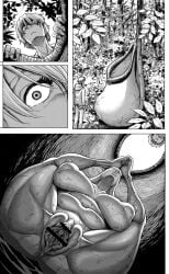 1boy 1girls barefoot big_breasts bimbo black_and_white breasts busty censored curvy dangerous detailed_background double_deck erect_nipple erect_nipples eyelashes female female_monster front_view humanoid legs_apart legs_up male monster monster_girl naked nipples no_face nude nude_female_clothed_male open_mouth plant_girl puffy_pussy raised_leg shaved_pussy spread_legs spreading sweat swollen_pussy thick_thighs voluptuous