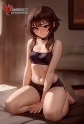 1girls 2d ai_generated ass back bare_shoulders barefoot big_ass bra brown_hair collar erophoenix female female_focus full_body kono_subarashii_sekai_ni_shukufuku_wo long_hair looking_at_viewer megumin pale_skin pale_skinned_female panties patreon_username red_eyes short_hair sitting small_breasts smile soles solo thick thick_thighs uncensored underwear