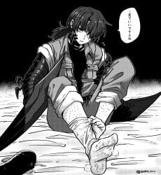 black_and_white bug_features clothed clothes clothing eye-patch facial_hair feet foot_fetish foot_focus gregor_(limbus_company) japanese_dialogue japanese_text leg_hair limbus_company male male_foot_fetish monochrome no_sex no_visible_genitalia project_moon socks sole_male solo solo_male speech_bubble sweaty_feet sweaty_socks taking_clothes_off tied_hair uniform uniformed_male