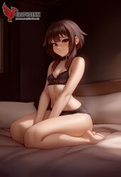 1girls 2d ai_generated ass back bare_shoulders barefoot big_ass bra brown_hair collar erophoenix female female_focus full_body kono_subarashii_sekai_ni_shukufuku_wo long_hair looking_at_viewer megumin pale_skin pale_skinned_female panties patreon_username red_eyes short_hair sitting small_breasts smile soles solo thick thick_thighs uncensored underwear