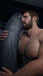 beard big_chest black_hair chris_redfield gay giant_penis gonnnsfw hairy_arms hairy_chest hairy_male huge_cock human licking_penis monster monster_cock mr_x muscles muscular muscular_male resident_evil_8:_village