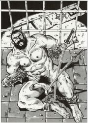 1boy abs arms_behind_back artist_request bara beard check_artist club_(weapon) completely_nude cuffs erection excessive_pubic_hair facial_hair from_above full_beard full_body gagged greyscale half-erect handcuffs highres large_pectorals looking_at_viewer magazine_scan male male_focus mature_male monochrome muscular muscular_male nandemoya_no_tanuki-san nipples nude old old_man original pectorals penis prison pubic_hair receding_hairline scan short_hair small_horns solo spiked_club thick_beard thick_eyebrows uncensored weapon