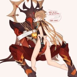 1boy 1other aether_(genshin_impact) androgynous blonde_hair blush bondage bound braid crop_top earrings english_text enjou_(genshin_impact) erection gay genshin_impact hair_between_eyes imminent_penetration jewelry male otoko_no_ko penis speech_bubble suspicious_dish