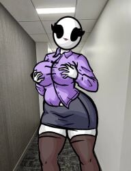 bald bald_female big_breasts black_eyes breasts brown_stockings chetoh chubby chubby_female claire_(chetoh) egg female female_focus female_only grabbing grabbing_breasts grey_skirt hallway holding_breast looking_at_viewer oc office_lady original original_character photo_background purple_shirt skirt stockings white_body