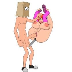 1boy 1girls anal anal_object_insertion animated animated_image balls bambook big_penis blue_eyes bouncing_breasts cock_and_dildo_double_penetration double_penetration female female_penetrated footwear fuckerman fuckerman(bambook) ginger hand_on_another's_head huge_breasts legs_over_head male male/female male_penetrating male_penetrating_female microphone microphone_in_ass naked_footwear nipples object_in_ass object_insertion orange_hair paper_bag_on_head penis penis_in_pussy pretzel_position pussy red_lipstick standing thick_thighs transparent_background vaginal_penetration