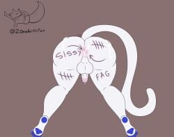after_anal after_sex ahju anthro arrow_pointing_to_anus body_writing cat_boy catboy cum_in_ass cum_on_ass feline feline_humanoid femboy femboy_focus femboy_only homophobic_slur oc public_use sissy stuck_in_wall tally_marks white_fur zoealbinofox_(artist)