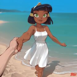 ai_generated beach beach_background blue_sky cleopatra cleopatra_in_space crown egyptian egyptian_female hand_holding hill looking_at_viewer ocean sand sea seaside sky smile smiling smiling_at_viewer smiling_female white_dress