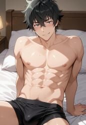 1boy abs ai_generated arm_support black_hair black_male_underwear black_underwear boxer_briefs boxer_briefs_only bsky_link bulge civitai dvxxxgrai gay green_eyes illustrious_(stable_diffusion) iwatani_naofumi lying_on_bed male male_only naofumi_iwatani navel nipples nude smile solo solo_male tagme the_rising_of_the_shield_hero yaoi