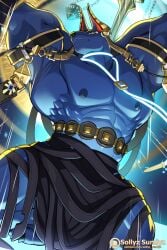 2025 2:3 abs ankh anthro anubian_jackal areola armband artist_name bandage belt black_sclera blue_areola blue_body blue_fur canid canine canis crouching dislyte drew_(dislyte) ear_piercing ear_ring forearm_muscles fur furry hands_behind_back jackal lilith_games male mammal muscular muscular_anthro muscular_male nipples obliques patreon patreon_logo pecs piercing ring_piercing serratus sollyz solo text triceps url yellow_eyes