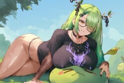 ai_generated antlers black_panties black_shirt ceres_fauna ceres_fauna_(goth_costume) covered_nipples female glasses green_hair hololive hololive_english hololive_english_-council- hololive_english_-promise- huge_breasts long_hair panties saplings_(ceres_fauna) smile sweat thighs virtual_youtuber