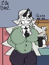 1girls annoyed annoyed_expression big_ass big_breasts cameltoe coffee coffee_mug female fundamental_paper_education holding_object miss_grace_(fundamental_paper_education) simple slightly_chubby suit