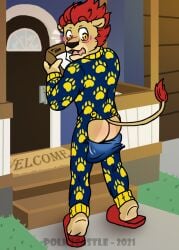 1boy 2020s 2021 ass blush dated embarrassed feline fur furry furry_only laval_(legends_of_chima) legends_of_chima lego lion male male_only onesie outdoors pajamas polkscastle solo tagme tail