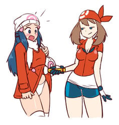 2girls assisted_exposure bike_shorts breasts clothed dawn_(pokemon) embarrassed female_only human human_only may_(pokemon) nintendo panties pokemon pokemon_dppt pokemon_rse white_background yondu yuri