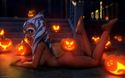 1girls 2015 3d ahsoka_tano alien alien_girl alternate_version_available artist_name bare_shoulders barefoot big_breasts blue_eyes busty butt_crack curvy dat_ass eyelashes feet female female_only front_view halloween hourglass_figure humanoid jedi jedi_padawan kondaspeter leg_lift leg_up looking_at_viewer lying mammal marking naked nude orange_skin outdoor outside pose posing shadow shiny shiny_skin solo star_wars star_wars_rebels togruta voluptuous wide_hips