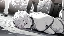 ai_generated ass ass_focus asshole balls blindfold blindfolded bondage bound boy dick gag gagged gape gaped_anus gay humiliation legs male male_only malesub man outdoors public public_sex restrained_arms restraints spread yaoi