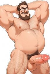 ai ai_generated beefy belly big_penis civitai daddy dilf gay glasses hairy hairy_chest hairy_male huge_cock large_pectorals large_penis male_focus male_only muscular muscular_male rick_mitchell smirk the_mitchells_vs._the_machines