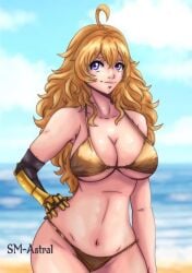 1girls beach bikini bikini_bottom bikini_top breasts cleavage female golden_bikini hand_on_hip long_hair long_hair_female ocean purple_eyes robotic_arm rwby sm-astral solo_female yang_xiao_long