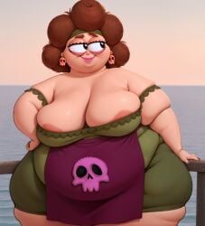 ai_assisted ai_generated areolae_slip bare_shoulders barmaid bbw big_eyes black_eyes brown_hair chubby chubby_arms curvy esma_movies eyelashes fat female floating_eyebrows green_blouse green_headband green_skirt hair_rolls huge_breasts looking_at_viewer makeup mary_the_barmaid_(oeil_pour_oeil) oeil_pour_oeil_(short_film) opobarmaid outside pink_lips plump purple_apron purple_nails sagging_breasts sea skindentation skull_earrings skull_on_apron smile smug ssbbw thick_thighs wide_hips
