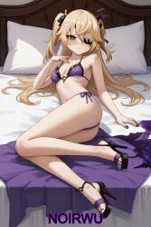ai_generated areolae bikini blonde_hair blush eyepatch feet female fischl_(genshin_impact) genshin_impact green_eyes hair_ornament high_heels highres long_hair lying_on_bed medium_breasts noirwu on_bed ornament purple_bikini purple_high_heels sexy toes twintails
