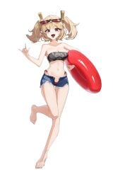 1girl absurdres bandeau bare_legs bare_shoulders barefoot bikini bikini_bottom_only bikini_under_shorts black_tube_top blonde_hair breasts burnice_white cleavage denim denim_shorts eyewear_on_head feet full_body hair_ornament highres holding holding_swim_ring innertube large_breasts legs medium_breasts navel open_fly open_mouth ppangchil red_bikini short_hair shorts side-tie_bikini_bottom solo standing standing_on_one_leg stomach strapless swim_ring swimsuit teeth toes tube_top upper_teeth_only white_background zenless_zone_zero