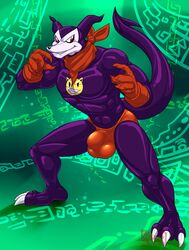 1boy 2018 3_toes 5_fingers abs anthro biceps black_nose bulge claws clothing digimon gloves green_background grin handkerchief hungothenomster impmon looking_aside male male_only mask_(marking) muscular muscular_male penis_outline penis_shaped_bulge pose purple_skin red_eyes red_underwear sharp_teeth simple_background smile solo standing teeth tight_clothing tight_underwear toes underwear white_skin