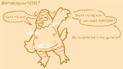 anthro artist_name avian beak bird breasts cheap_cheap_the_cooking_chicken chicken digital_drawing_(artwork) digital_media_(artwork) english_text feathers female galliform gallus_(genus) genitals hi_res nipples nude open_mouth parappa_the_rapper phasianid praise pussy simple_background smile smokyquartz1917 solo sony_corporation sony_interactive_entertainment tail text wings
