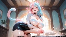 ai_art ai_generated animal_ears blue_hair cat_ears cat_girl cat_tail catgirl cum cum_on_object cum_on_plate dickgirl futanari intersex koneko konekofuta large_breasts large_penis moaning office_lady pink_hair table two_tone_hair two_tone_hair_(blueandpink)