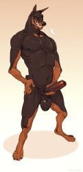 5_fingers anthro balls canid canine canis claws digital_drawing_(artwork) digital_media_(artwork) dobermann domestic_dog erection fangs fingers foreskin furry genitals grin hi_res holding_penis humanoid_genitalia humanoid_penis ksejl male mammal nipples nude penis pinscher simple_background smile solo standing teeth uncircumcised