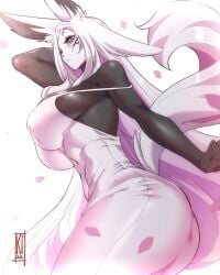 animal_ears ass bare_shoulders breasts dress dya_rikku_(vtuber) female huge_breasts large_breasts long_hair looking_at_viewer parted_lips petals purple_eyes signature solo striped striped_background tail taut_clothes vertical_stripes very_long_hair vyugen white_background white_hair