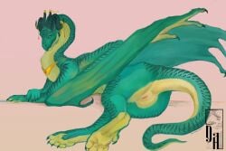 claws diorionarh dragon female feral genitals green_body green_claws green_horn green_scales hi_res horn mythological_creature mythological_scalie mythology pink_pussy pussy scales scalie solo yellow_body yellow_scales