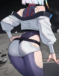 1girls 2d 2d_(artwork) ai_generated ass ass_focus bodysuit bodysuit_under_clothes clothed_female cybernetics cyberpunk cyberpunk:_edgerunners cyberpunk_2077 female lucyna_(cyberpunk) lucyna_kushinada patreon patreon_username platinum_blonde_hair rainbow_hair ryogangg short_hair