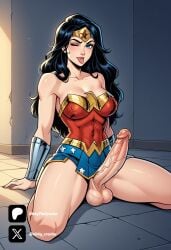 1futa ai_generated balls black_hair blue_eyes blue_skirt breasts cock colored dc dc_comics dick erection futa_only futanari futanari/female intersex light_skin light_skinned_futanari long_hair nickythecreator on_knees penis red_topwear sexy sexy_body sexy_pose superheroine testicles uncensored veiny_penis wonder_woman