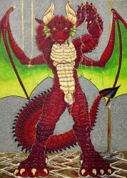 absurd_res anthro balls dragon ear_fins fin genitals hi_res horn karmalow liquid male marker_(artwork) mythological_creature mythological_scalie mythology nude penis scales scalie solo tail tasteful_nudity tongue traditional_media_(artwork) wings