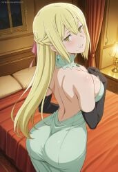 1girls ai_generated aiz_wallenstein artkoikoi asian asian_female ass back_view bedroom big_ass big_breasts blonde_hair breasts choker cleavage dungeon_ni_deai_wo_motomeru_no_wa_machigatteiru_darou_ka earrings elbow_gloves elegant elegant_dress female female_only hair_ornament highres hourglass_figure jewelry light-skinned_female long_hair looking_at_viewer looking_back patreon patreon_username solo yellow_eyes
